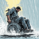 Man in a wheelchair battles the rain