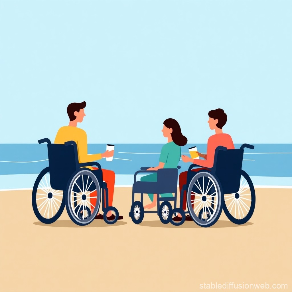 Three people in wheelchairs on the beach.