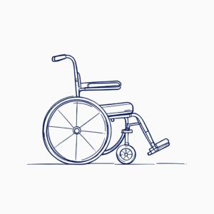 Line drawing of a wheelchair.