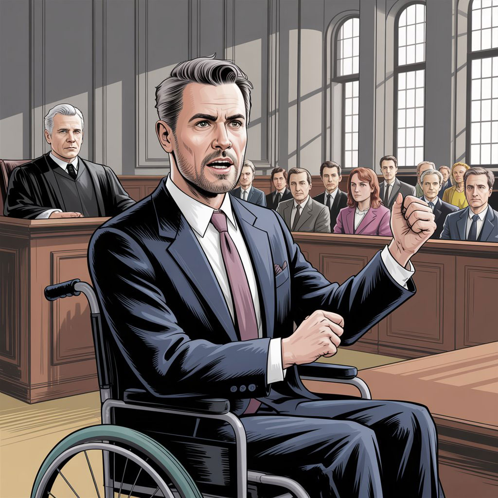 A courtroom sketch depicting a serious quadriplegic lawyer in a dark suit seated in a wheelchair, passionately arguing before a jury. He has short-cropped grey hair, intense brown eyes, and a neatly trimmed beard, gesturing emphatically with one hand while speaking. Behind him sits a stern-faced judge in a black robe, observing the proceedings with a neutral expression, and a diverse jury of twelve attentive individuals occupies the gallery. The courtroom background features dark wood paneling, muted grey walls, and shafts of light streaming through tall windows.