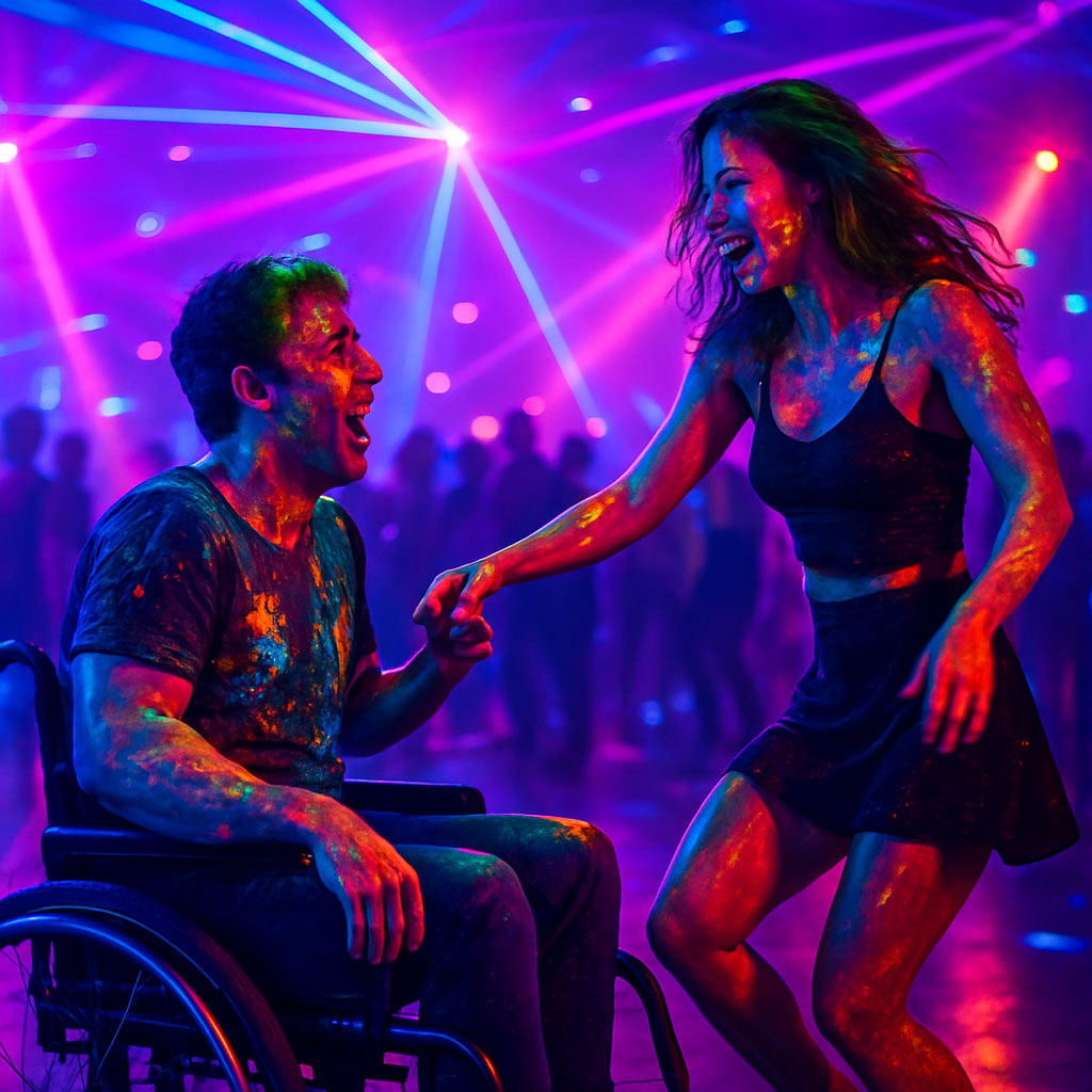 Neon painting of a man in a wheelchair dancing with a woman in a nightclub.