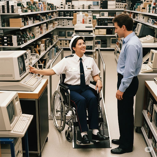 A woman in a wheelchair showing a customer a computer in the 1980s.