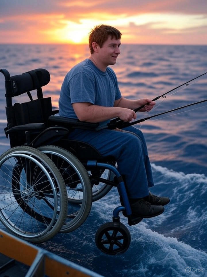 A guy in a wheelchair fishing off a boat.