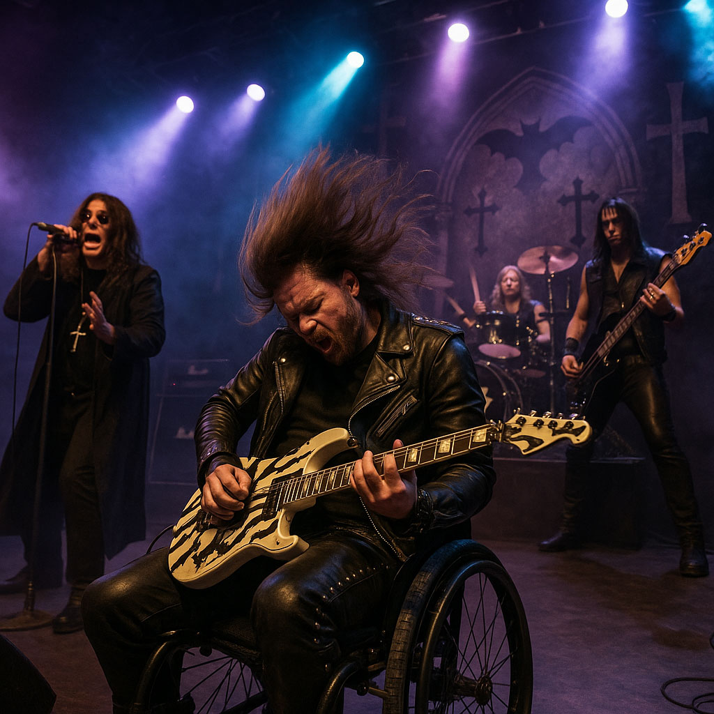 Guy in a wheelchair playing guitar in a heavy metal band.