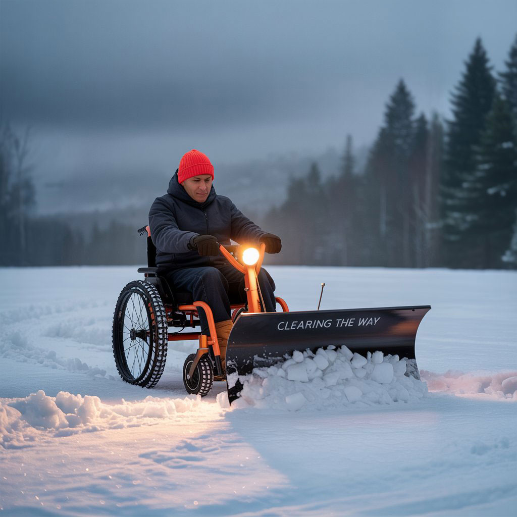 A dramatic, snow-covered outdoor photograph showcases a determined individual operating a custom-built wheelchair equipped with a snowplow. The wheelchair user, bundled in warm winter clothing and wearing a bright red hat, navigates through a thick layer of fresh snow with focused intensity. The plow pushes a path through the snow, revealing a pristine white expanse with blurred evergreen trees in the distant background under overcast, diffused lighting. “Clearing the Way” is subtly etched onto the side of the plow, adding a personal touch to this powerful display of resilience.