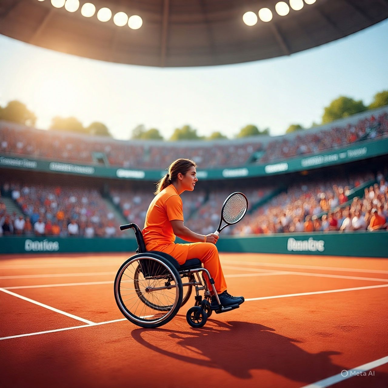 A woman in a wheelchair playing tennis.