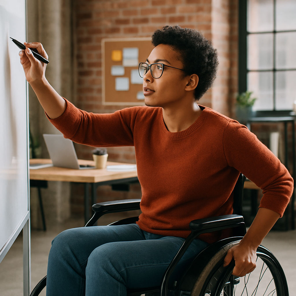 Woman in a wheelchair, writing on a whiteboard.