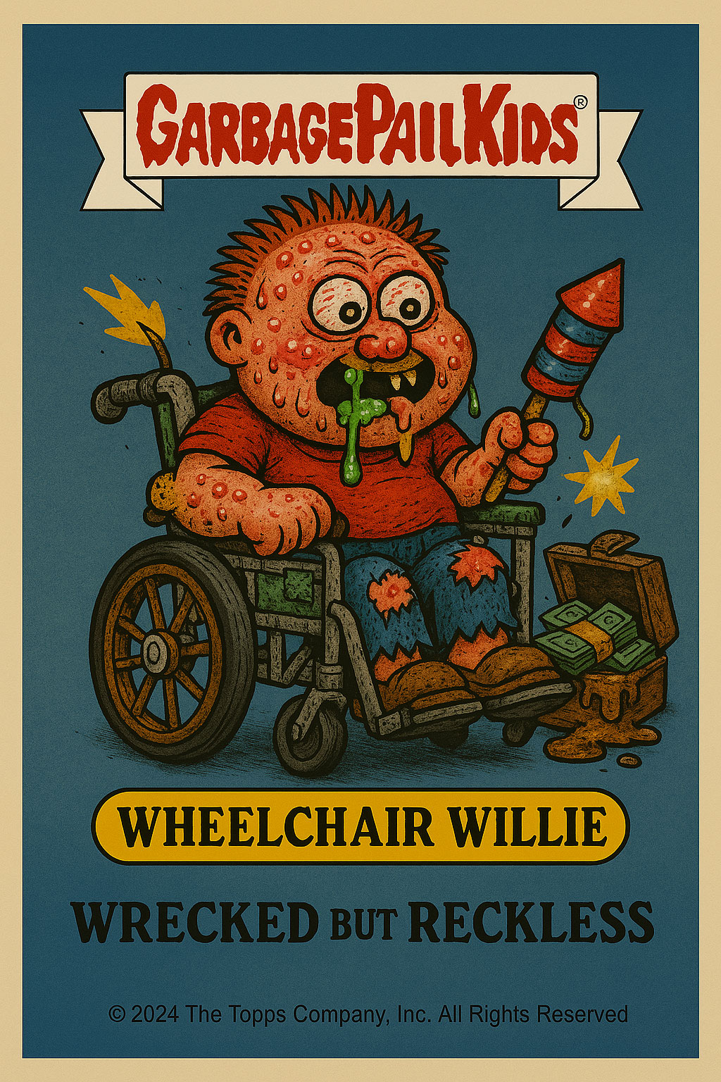 Wheelchair Willie Garbage Pail Kid card.  He has pimples all over his body and is drooling snot while holding a firecracker.