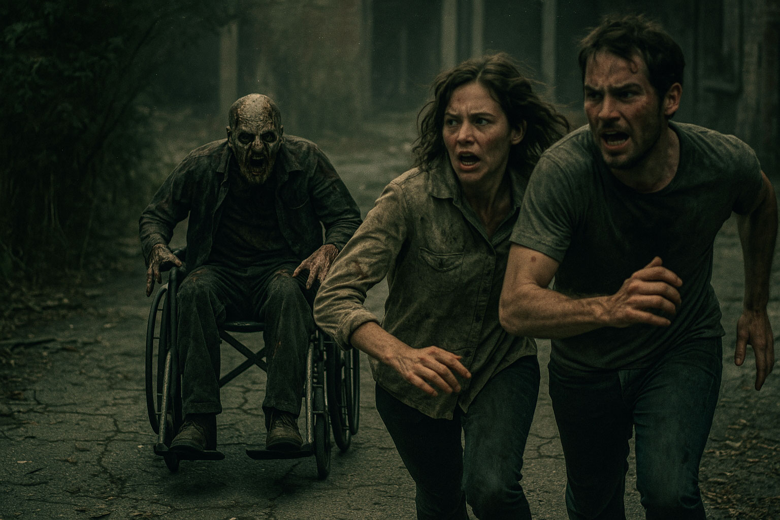Two people running away from a zombie in a wheelchair.
