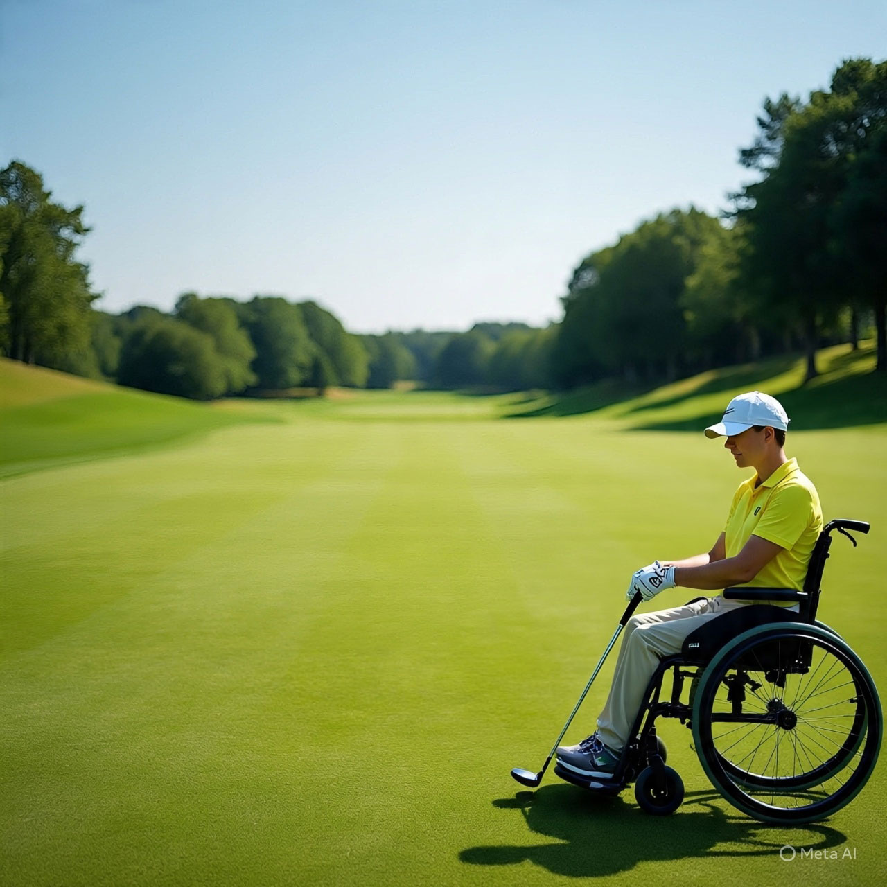A man in a wheelchair sits on a wide, sunlit golf fairway, dressed in a yellow polo shirt, white cap, and khaki pants. He holds a golf club, poised and focused, with lush green trees lining the course in the background. The image highlights adaptive sports and the freedom of outdoor recreation.