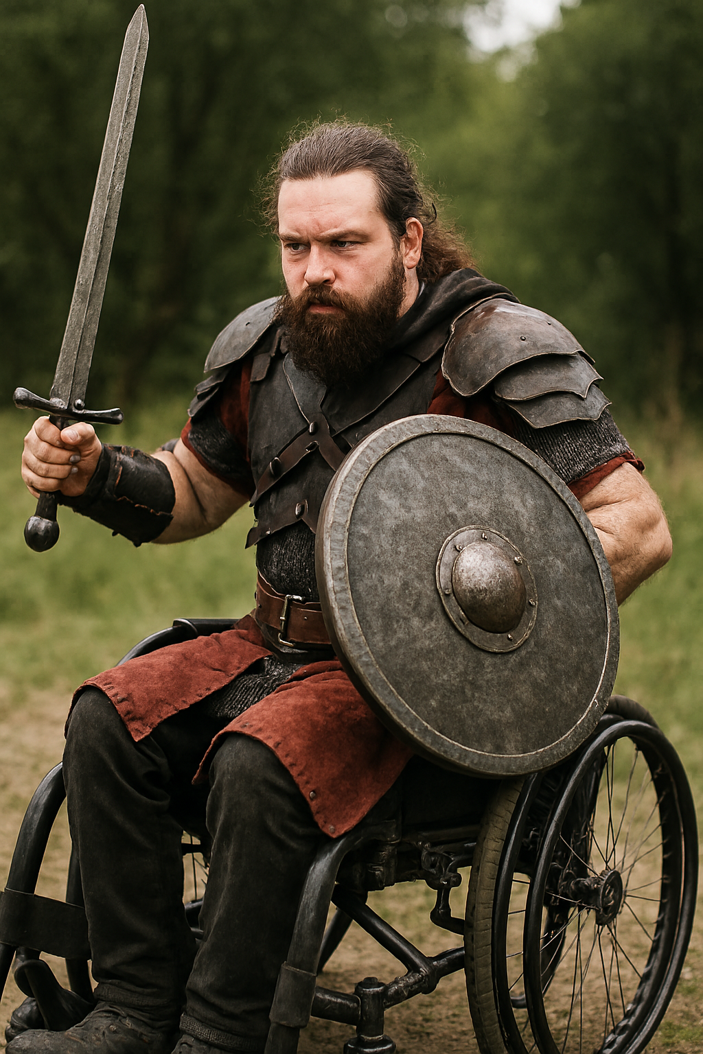 A person dressed in medieval armor sits in a wheelchair, holding a sword in the right hand and a round shield in the left. The background features outdoor greenery.